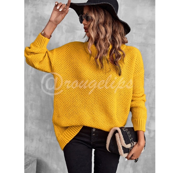 Mustard Yellow Knit Turtleneck Pullover Sweater Long Sleeve Loose Fit Oversized - Picture 3 of 8